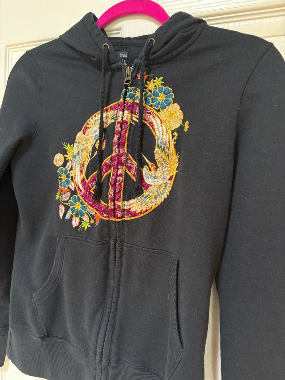 Lucky Brand Black Zip Hoodie with Colorful Embroidered Peace Motif